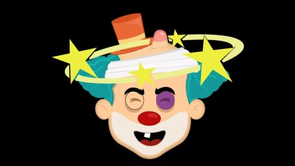 video animation emoticon face clown joker character cartoon, injury, a black eye, with a bump and stars spinning on the head. On a transparent background with alpha channel at zero