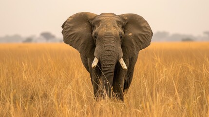 Fototapeta premium African elephant walking through tall grass.