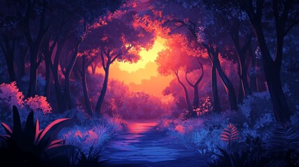 Obraz premium A Path Through a Forest Illuminated by a Sunset