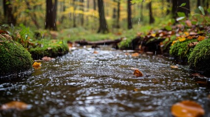 Fototapeta premium Autumn Leaves Floating on a Stream in a Rainy Forest