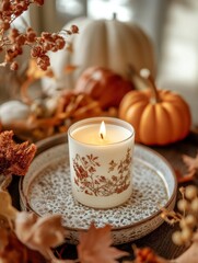 A beautifully crafted candle placed on an elegant tray, surrounded by autumnal decorations like leaves and pumpkins, with generative ai