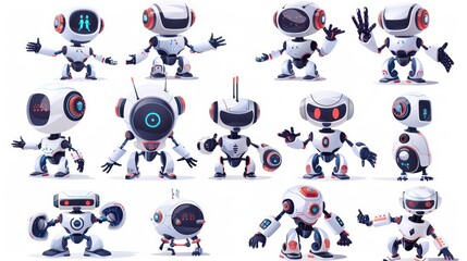 Set of cute cartoon robots in different poses, isolated on white background.