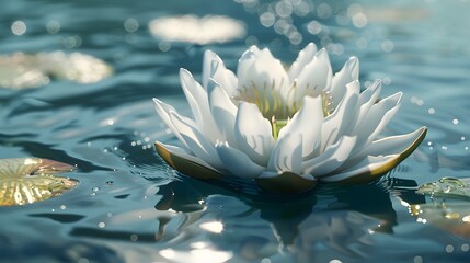 a serene lotus flower, with its petals gracefully unfolding above a calm water surface, reflecting the beauty of the bloom