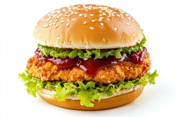 Delicious chicken burger, double burger with crispy chicken meat, salad and sauce isolated on white background , ai