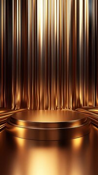 Contemporary morphism style gold chrome podium with smooth gradients and reflective surfaces.