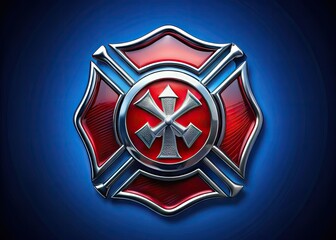 A shiny chrome fire department symbol, featuring a bold, red, and silver Maltese cross with flared ends, against a dark blue background with subtle gradient.