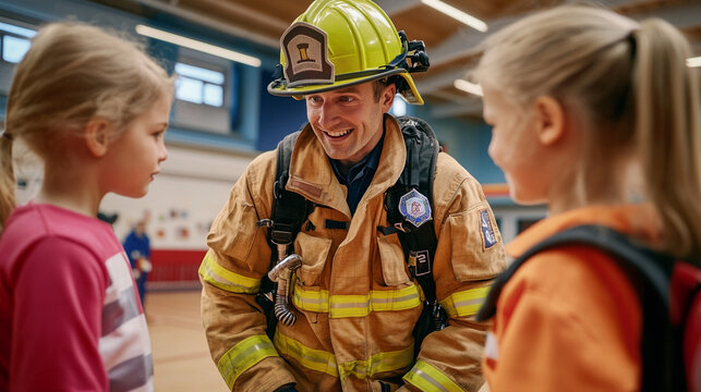 Smiling fireman in full gear talking to elementary school students