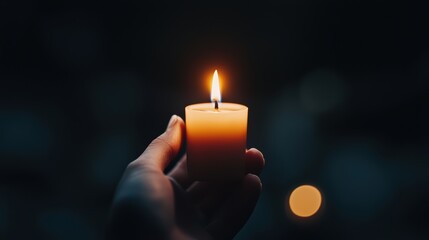 Hand Holding a Lit Candle in the Dark with Soft Glowing Light and Bokeh Background