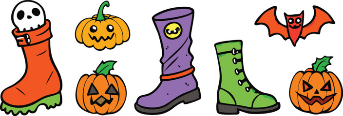 set of 6 different Halloween boot hand drawn elements collection cut out vector illustration .