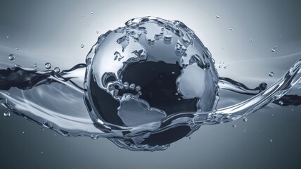Digital illustration of a globe with water, with the globe inside a water droplet, representing global connectivity, environmental awareness, and technology and communication concepts.
