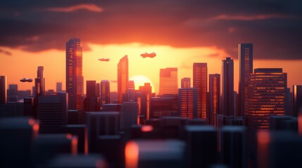 Fototapeta premium Futuristic Cityscape at Sunset with Flying Vehicles and Modern Skyscrapers