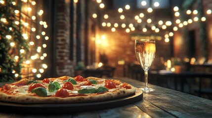 Fototapeta premium Pizza and a Glass of Wine Under String Lights in a Restaurant