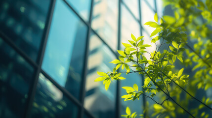 Green building reflection of trees in glass window