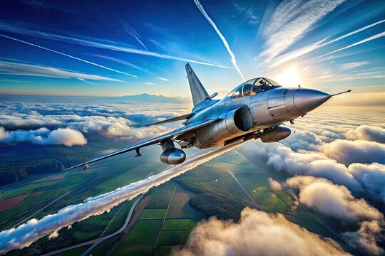 A sleek, gray SU-22 fighter jet soars through a vibrant blue sky, contrails streaming behind, with a subtle misty landscape in the background.