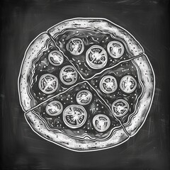 Pizza illustration on blackboard.