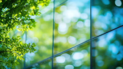 Green building reflection of trees in glass window