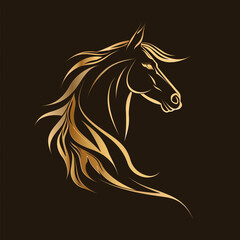 Stylized horse head with flowing mane in gold tones
