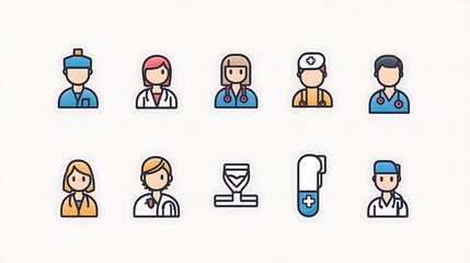 Fototapeta premium Minimalistic 2D icon set for a health app, featuring icons for different types of medical professionals like doctors, nurses, and pharmacists with a clean and organized style. 