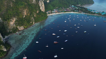 Phi Phi Don Island in the morning, beautiful views from high above Tonsai Bay, popular island in...