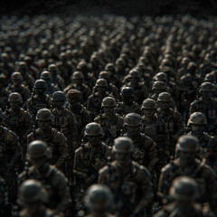 Fototapeta premium Large group of soldiers in formation under dim light 