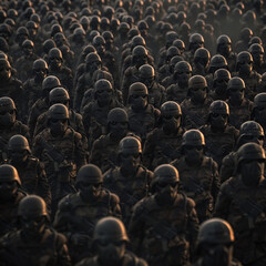 Obraz premium Tactical soldiers marching in dense formation at dusk 