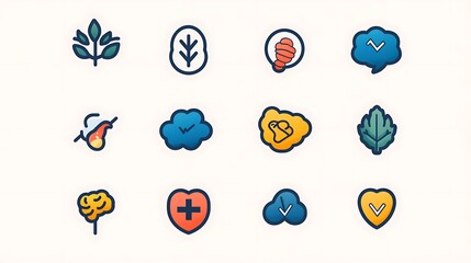 Minimalistic 2D icon set for a health app, featuring icons for different types of mental health conditions like anxiety, depression, and OCD with a clean and straightforward look. 