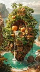 Fototapeta premium Surreal Tropical Island with Houses and Waterfall.
