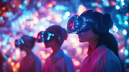 People wearing VR headsets, immersed in a virtual world with glowing holographic elements in the background.