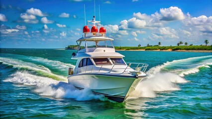 Fototapeta premium A sleek white vessel equipped with navigation lights, life rings, and emergency beacons patrols the sun-kissed Florida coastline, ensuring maritime safety and security.
