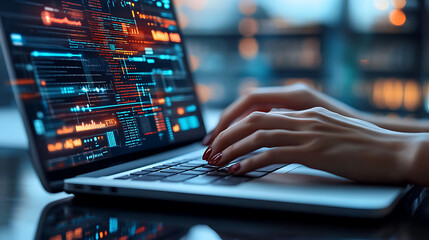 A woman is typing on a laptop with a screen displaying a lot of numbers