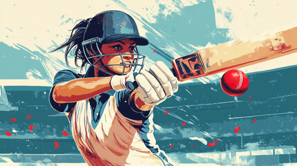 Woman playing cricket hitting a cricket ball in abstract art style background 
