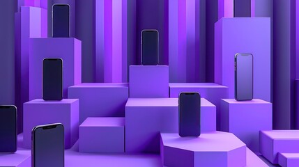 Obraz premium A collection of six black smartphones stand upright on various geometric platforms against a purple background.