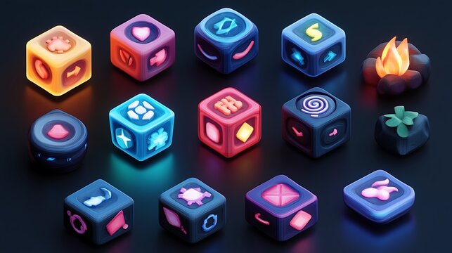 3D illustrated icon set for a game app, featuring icons for different game genres like action, adventure, and puzzle with immersive and detailed designs. 