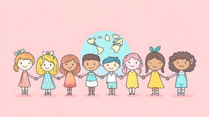 Diverse Kids Holding Hands Around World Map Illustration