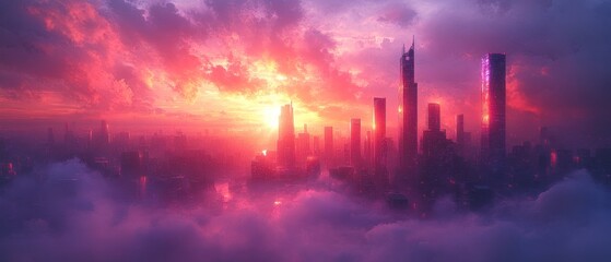 Cityscape with Pink Sunset Clouds and Illuminated Buildings