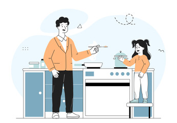 Fototapeta premium Father and child cooking. Man and girl near stove with saucepan. Little helper with household chores and routine. Family at kitchen. Linear vector illustration