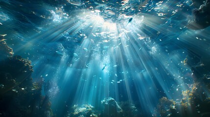 underwater atmosphere with light coming in from above with various kinds of marine life