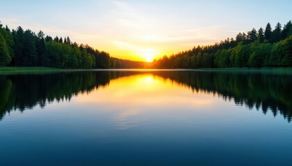 Fototapeta premium A serene sunset over a tranquil lake, reflecting vibrant colors and surrounded by lush greenery, perfect for nature lovers.