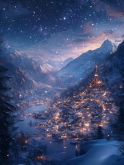 A majestic view of a northern capital, surrounded by snow-capped mountains and a star-filled night sky with generative ai