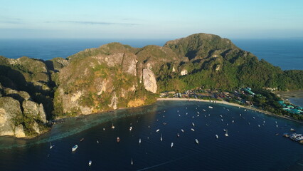 Phi Phi Don Island in the morning, beautiful views from high above Tonsai Bay, popular island in...