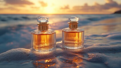 Two Perfume Bottles on a Beach at Sunset