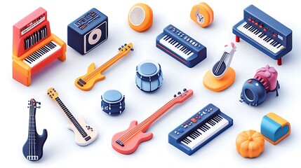 3D illustrated icon set for a music app, featuring icons for different types of musical instruments like guitars, pianos, and drums with vibrant and detailed designs. 