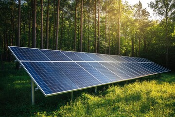 Naklejka premium Solar panels installed in the green forest Clean alternative energy concept. Environment, solar energy, generator, ai