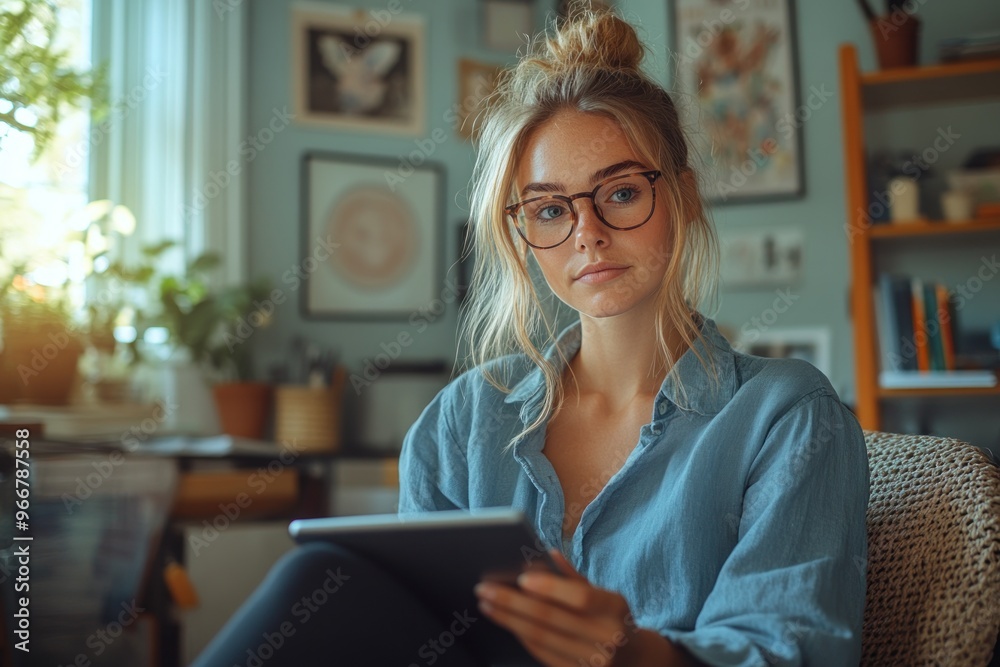 Poster Young Woman with Tablet