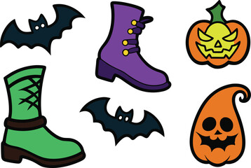 set of 6 different Halloween boot hand drawn elements collection cut out vector illustration .