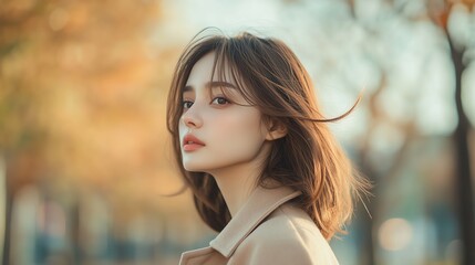 Obraz premium A contemplative woman stands gracefully in an autumn landscape, embodying beauty and tranquility amidst vibrant fall colors.