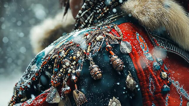 Celebrating indigenous culture in the snowy landscape with intricate clothing details