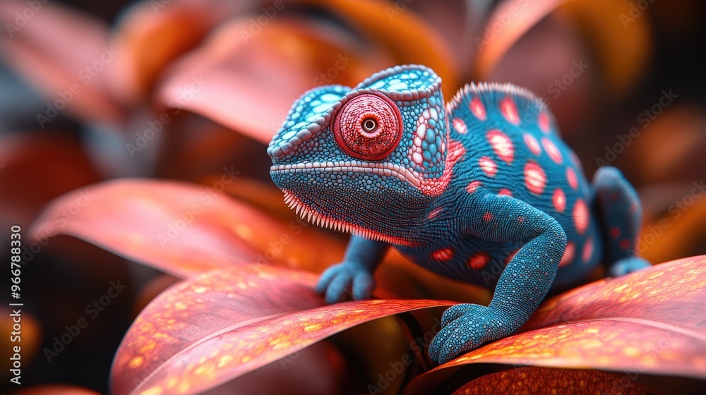 Canvas Prints blue chameleon on red leaves