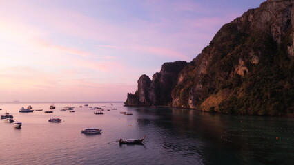 Dawn over the island of Phi Phi Don, video from high altitude at dawn on the Phi Phi islands