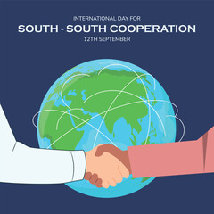 Vector illustration of International Day For South - South Coopertaion, 12 September. Design illustration of earth with hand shaking.